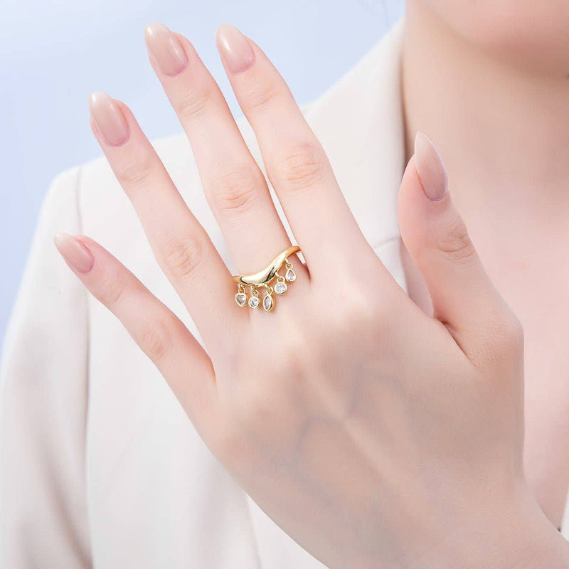 16K Gold Filled Clear CZ Drop Geometric Curved Ring