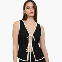 Contrast Trim Front Tie Linen Top