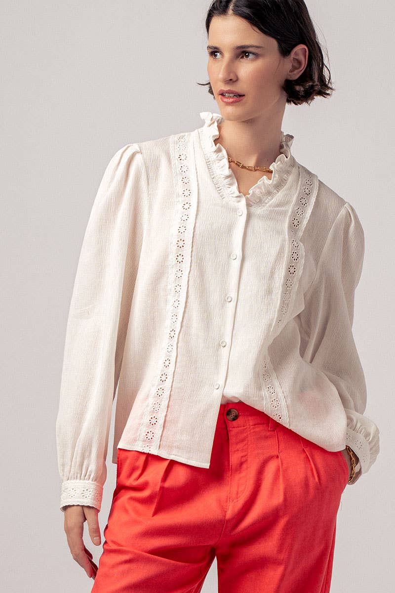 Ruffle Neck Lace Trim Button Down Long Sleeve Blouse