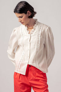 Ruffle Neck Lace Trim Button Down Long Sleeve Blouse