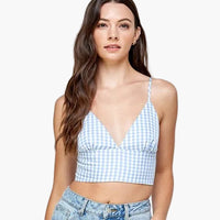 Light Blue Gingham Pattern Crop Top