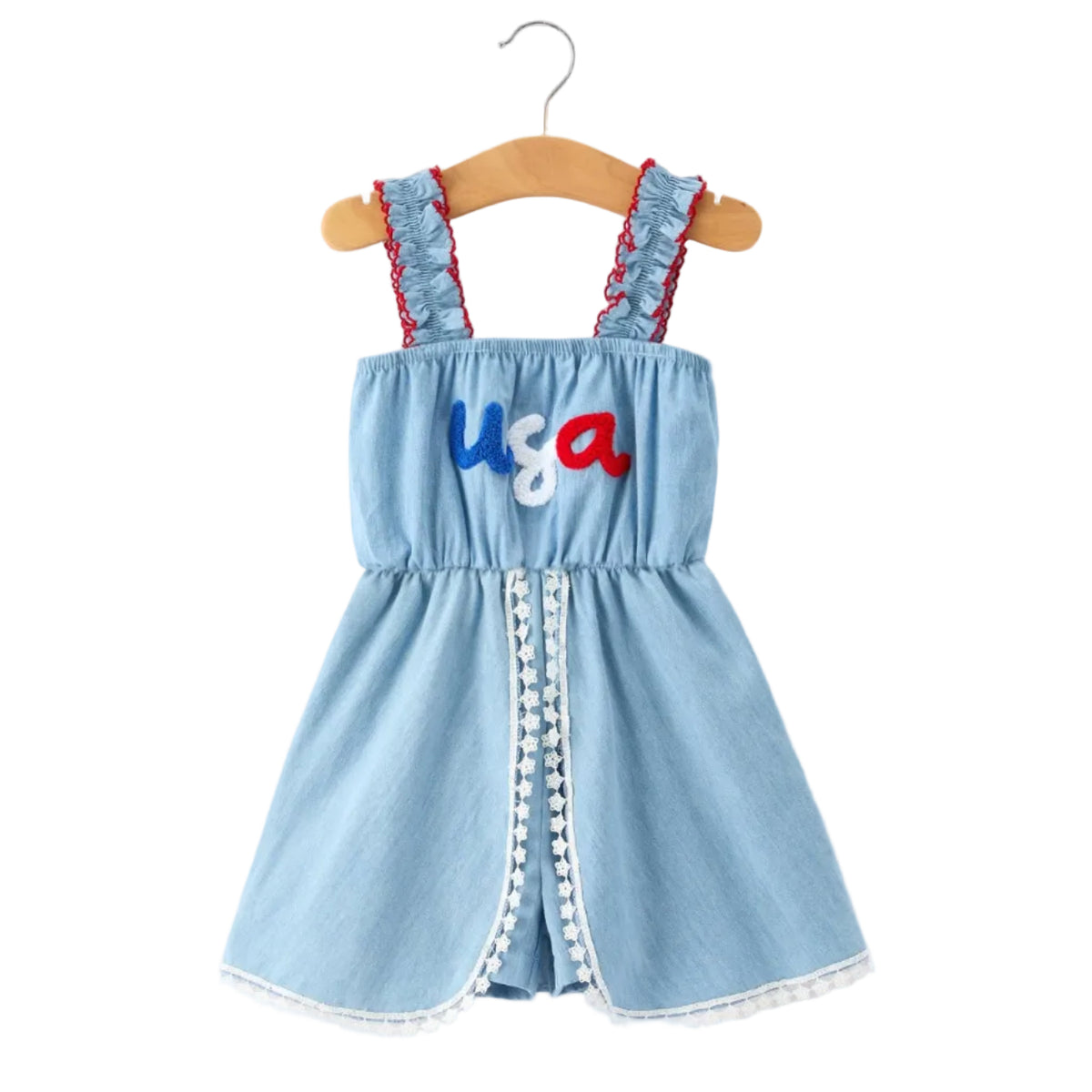 4th of July USA Chenille Girls Romper Dress Denim Lace Trim