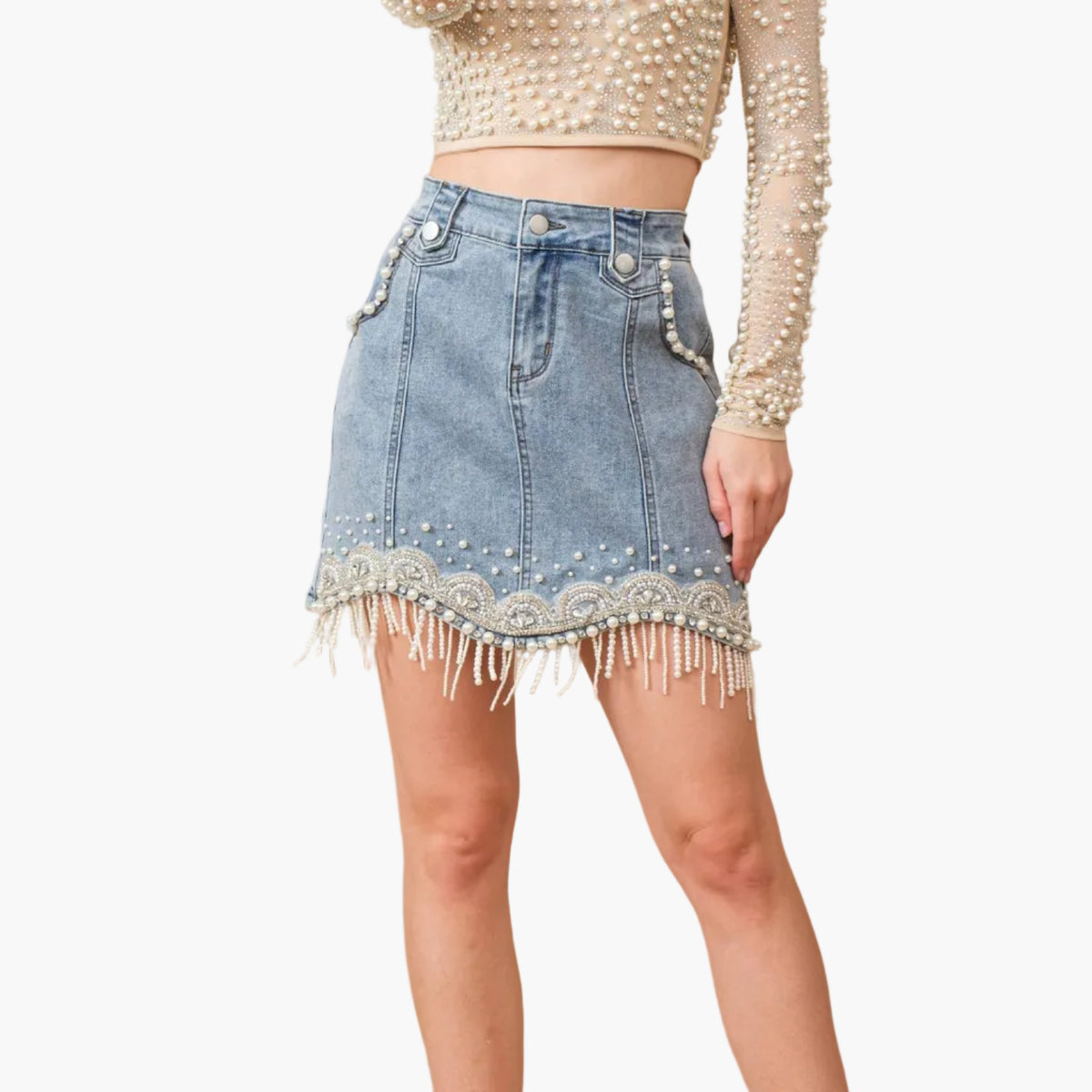 Denim Embellished Fringe Mini Skirt