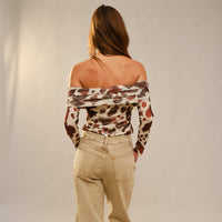 Cow Print Mesh Off Shoulder Top