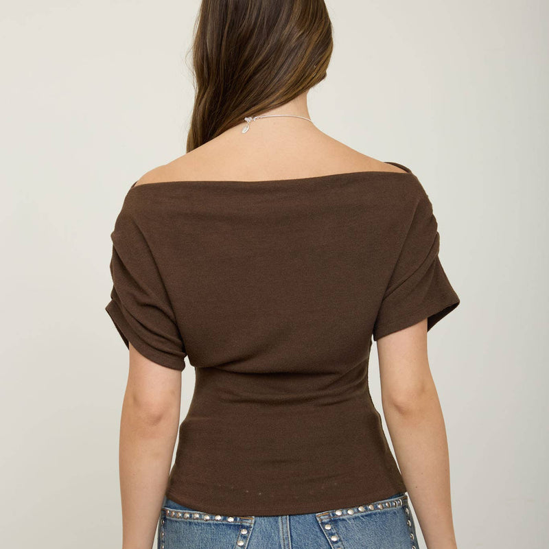 Brown Asymmetrical One Shoulder Knit Top