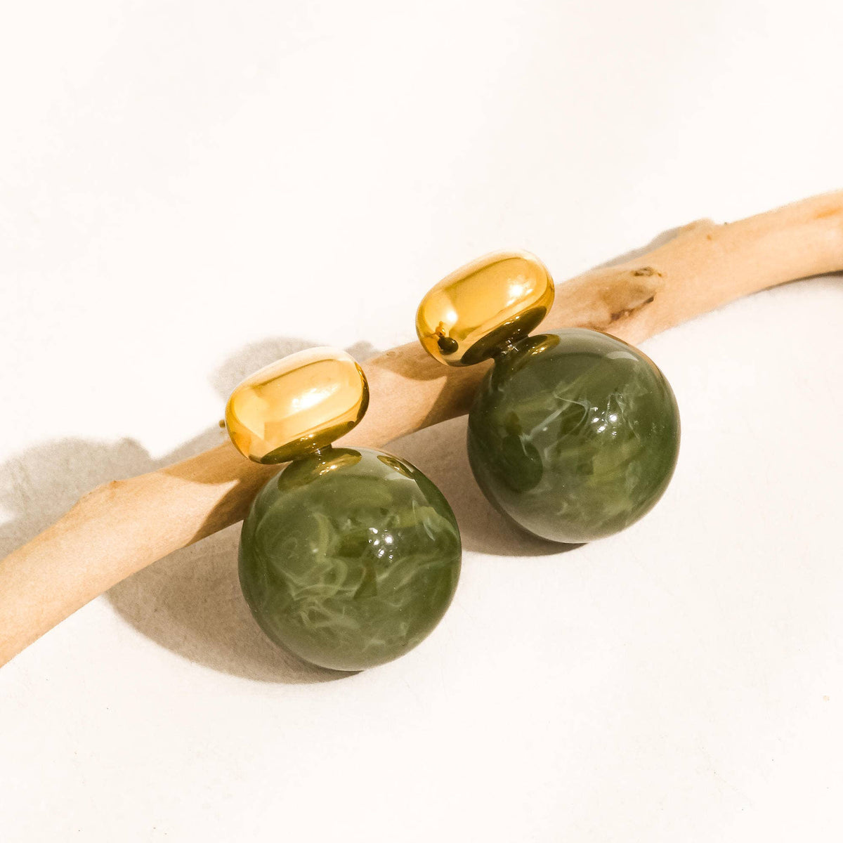 Velisse 18K Gold Plated Non-Tarnish Green Marble Ball Earrings