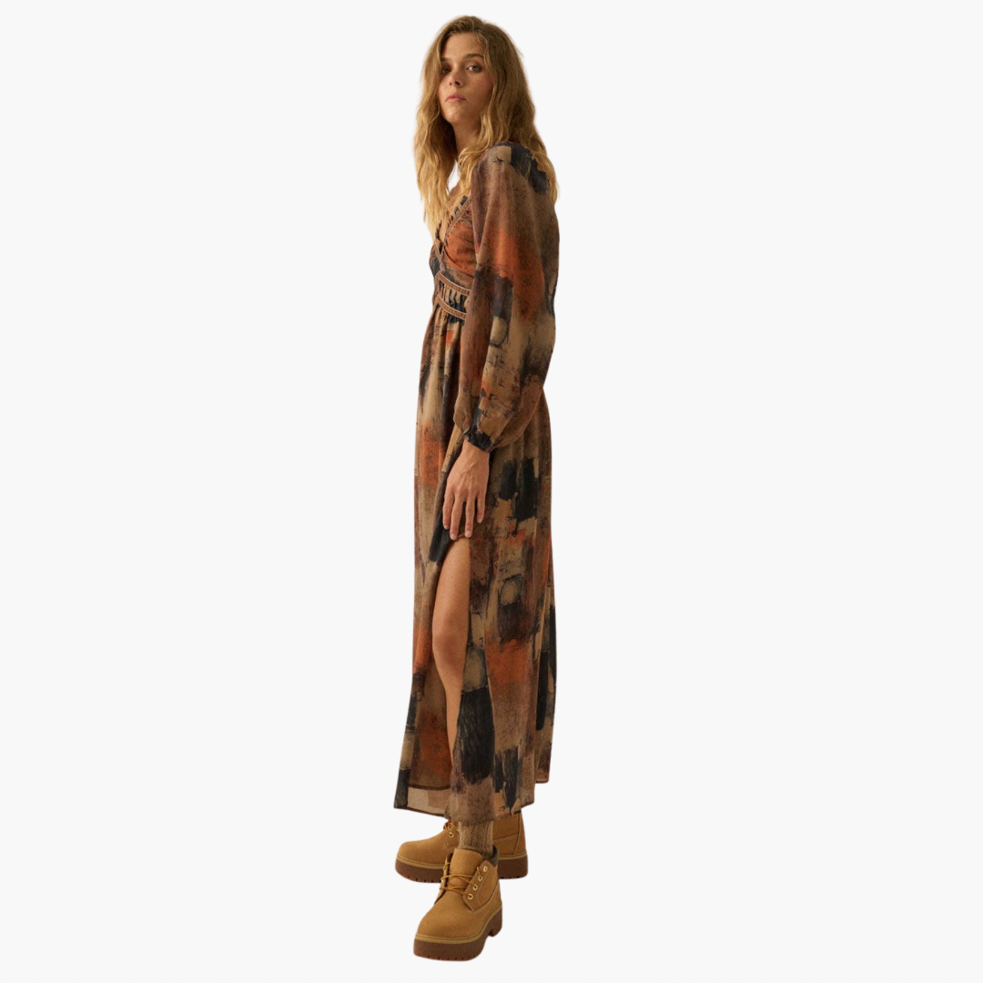 Abstract-Print Velvet-Trimmed V-Neck Maxi Dress