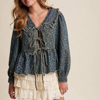 Ruffle Collar Tie-Front Denim Blouse