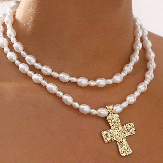 Pearl Beaded Layered Cross Statement Necklace
