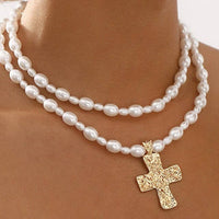 Pearl Beaded Layered Cross Statement Necklace