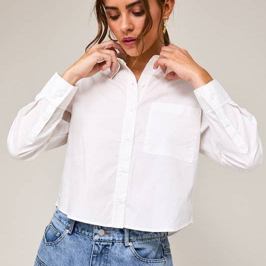 Long Sleeve Cropped Button Down Poplin Shirt