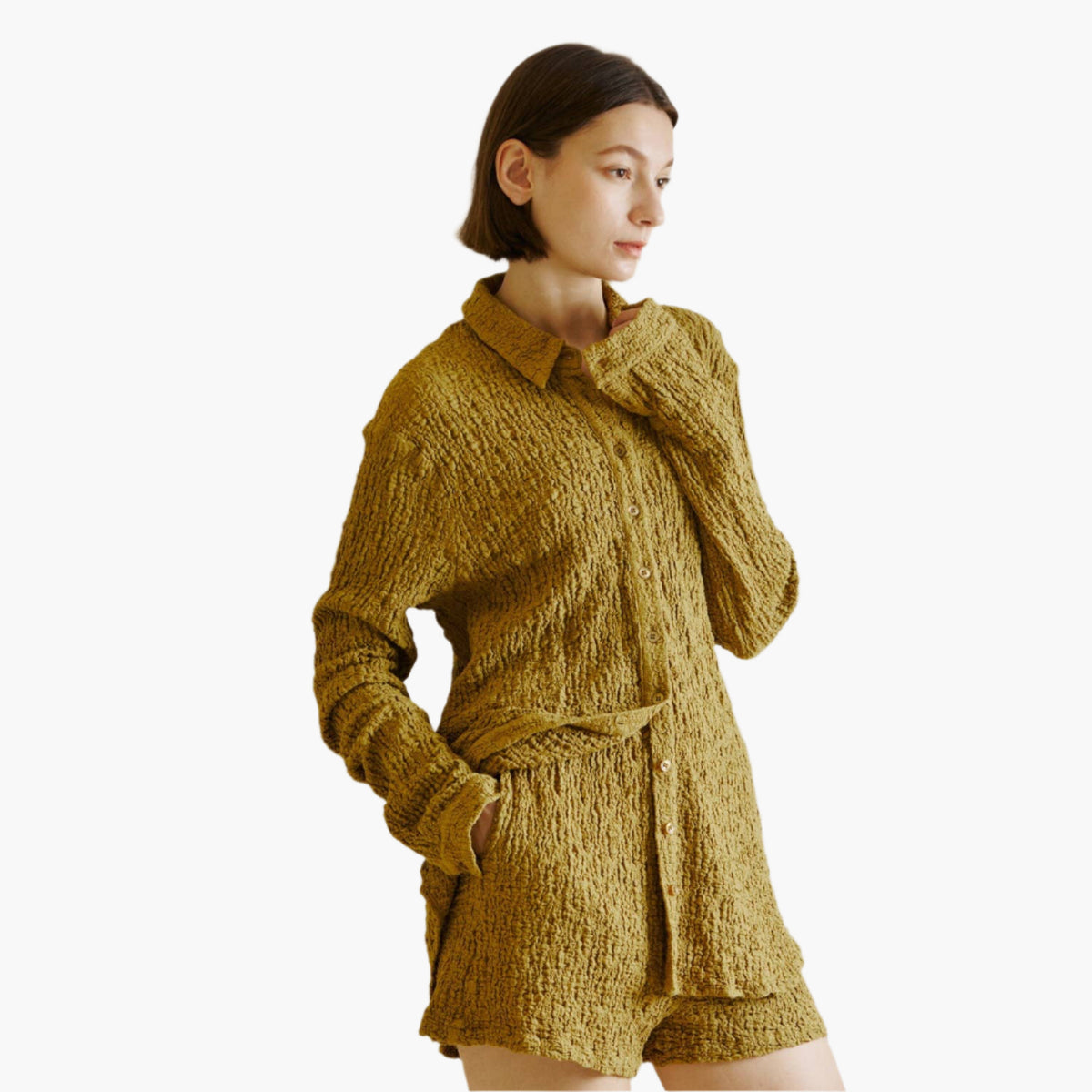 Monochromatic Scrunched Long Sleeve Blouse