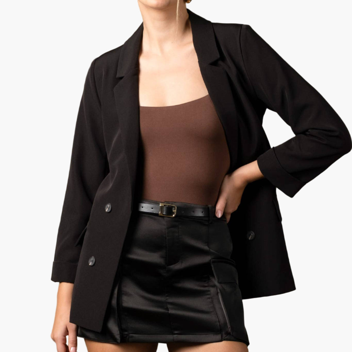 Black Solid Button Blazer