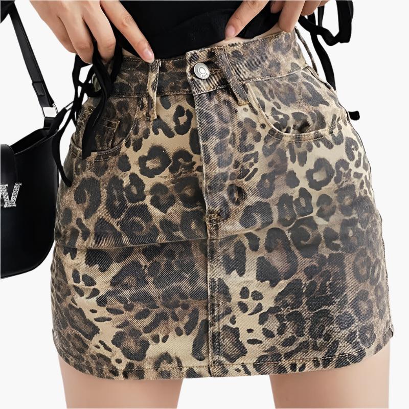 Leopard Print Denim Mini Skirt