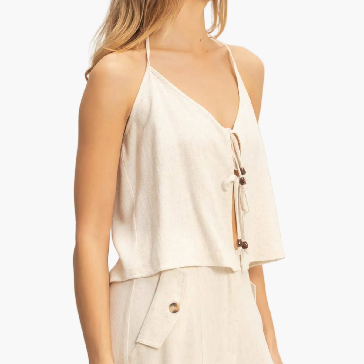 Halter Tie Front Top With Beads Detail