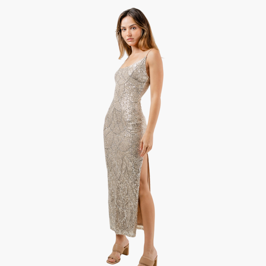 Champagne Sequin Midi Dress