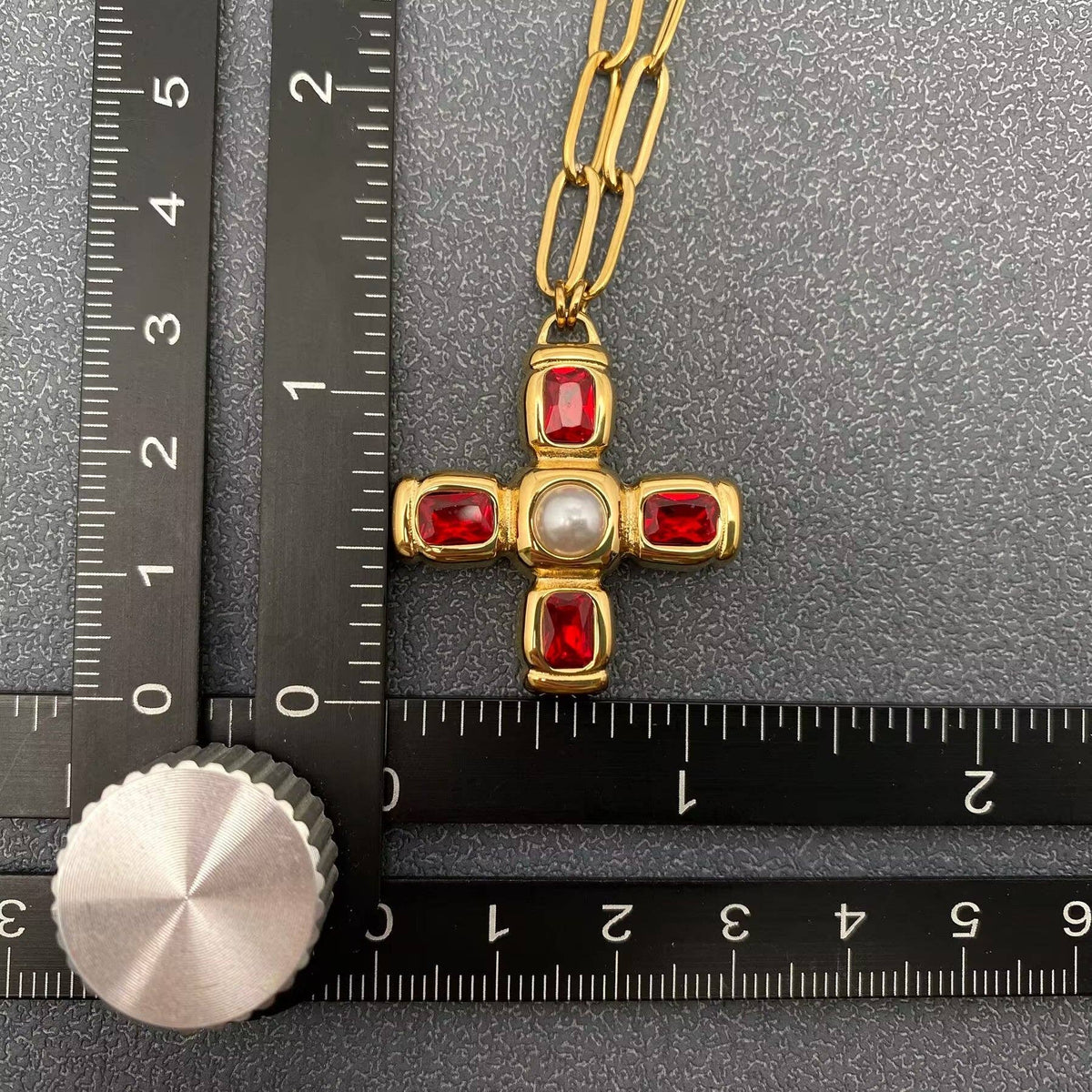 Red Zircon Cross Charm 18K Gold Plated Necklace