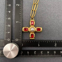 Red Zircon Cross Charm 18K Gold Plated Necklace