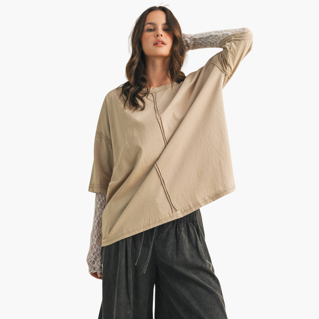 Oatmilk Lace Sleeve Oversized Top