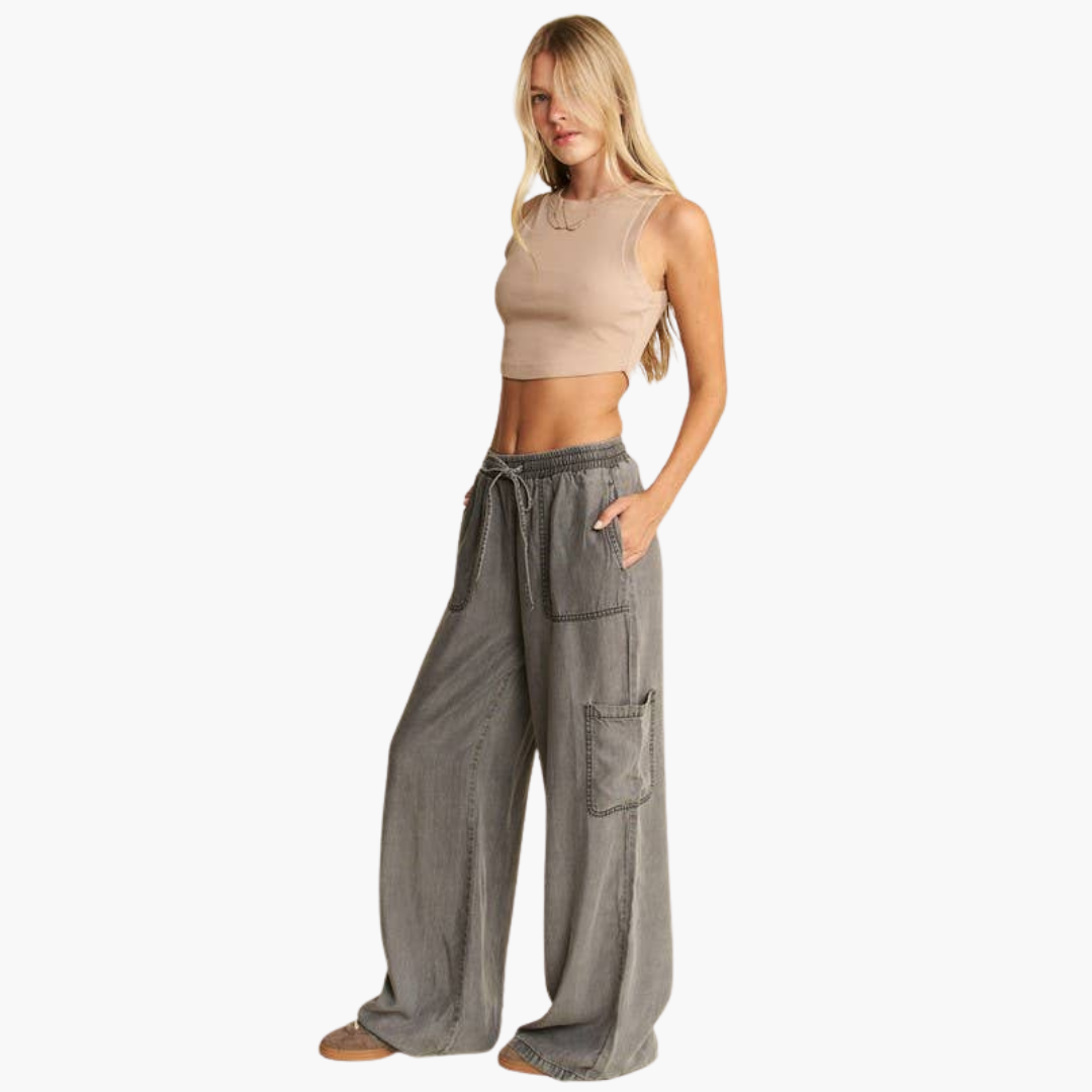 Charcoal Mineral Wash Tercel Wide Leg Pants