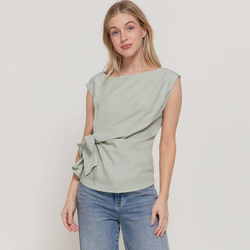Sleeveless Boat Neck Lyocell Top with Bow Detail