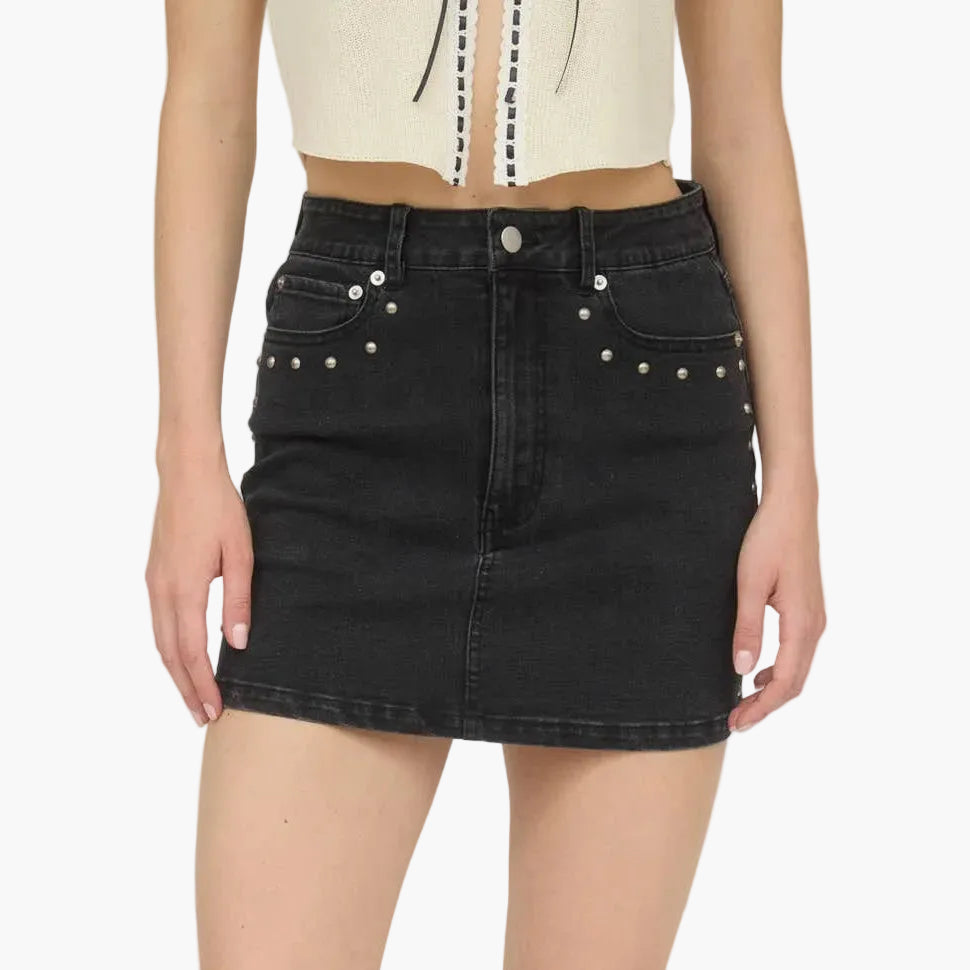 Black Stud Detail Denim Mini Skirt