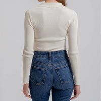 Ivory Collared Gold Snap Button Long Sleeve Knit Top