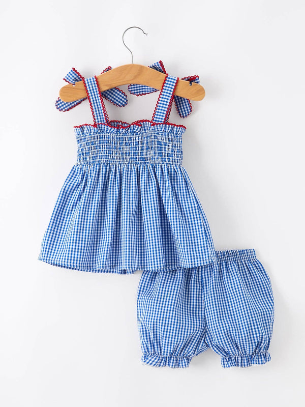 4th of July Plaid Girls Set Flag Star Bow Top Shorts Outfit