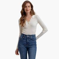 Ivory Collared Gold Snap Button Long Sleeve Knit Top