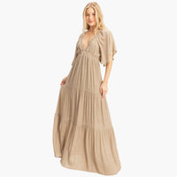Taupe Flutter Sleeve Maxi Dress