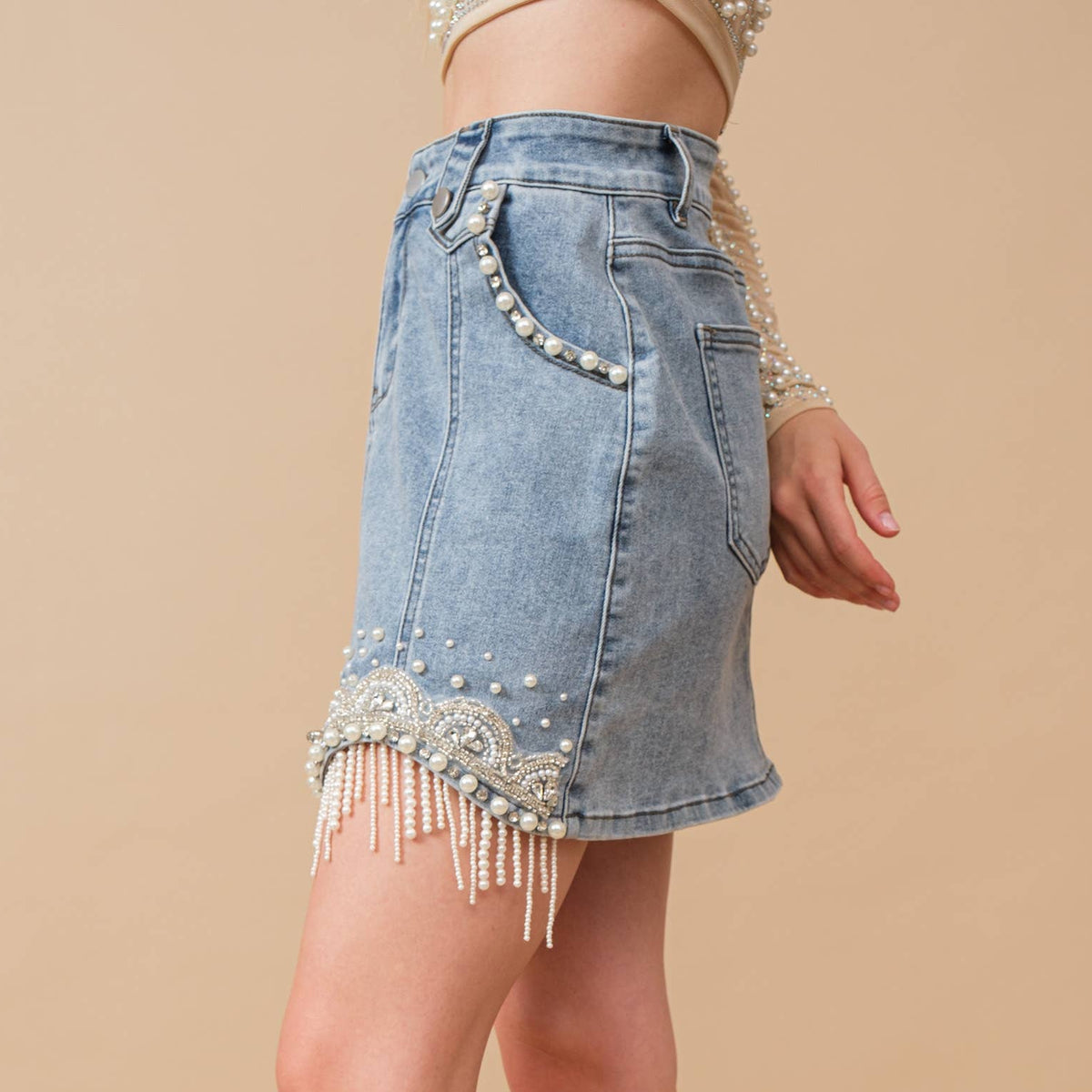Denim Embellished Fringe Mini Skirt