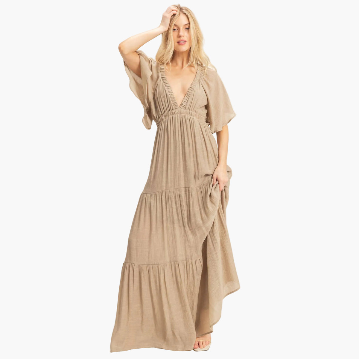 Taupe Flutter Sleeve Maxi Dress