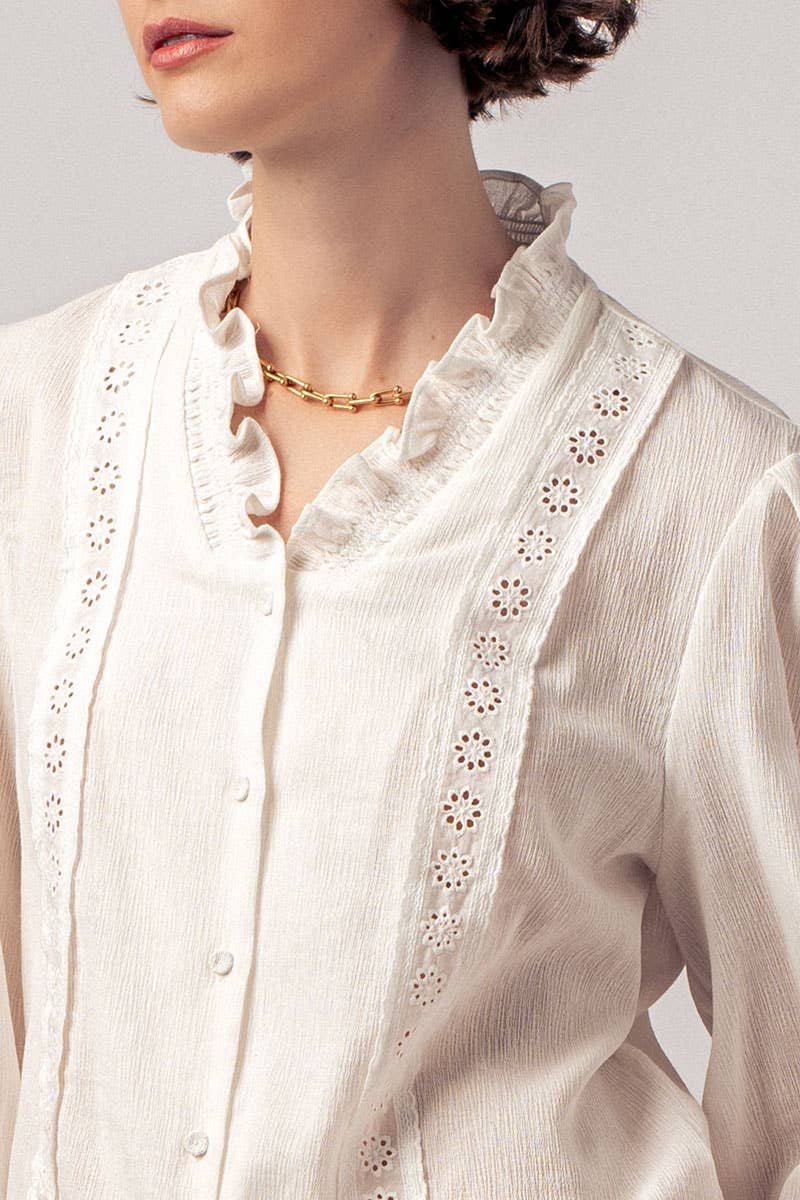 Ruffle Neck Lace Trim Button Down Long Sleeve Blouse