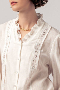 Ruffle Neck Lace Trim Button Down Long Sleeve Blouse