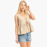 Taupe Lace Trim Tie Front Top