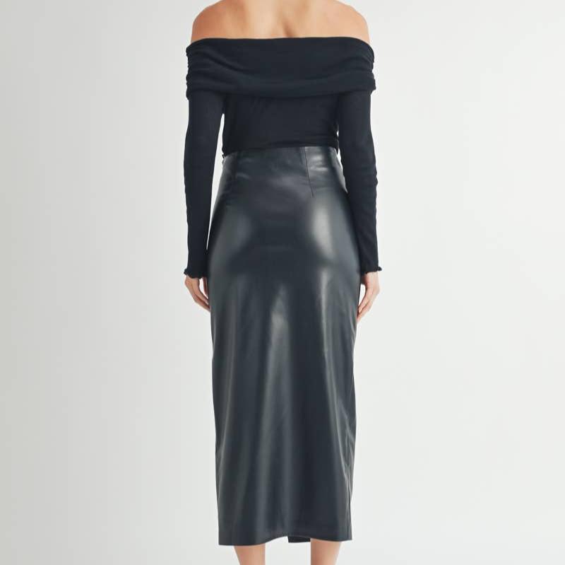 Twist Waist Faux Leather Midi Skirt