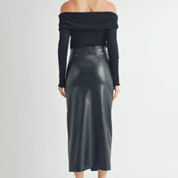 Twist Waist Faux Leather Midi Skirt