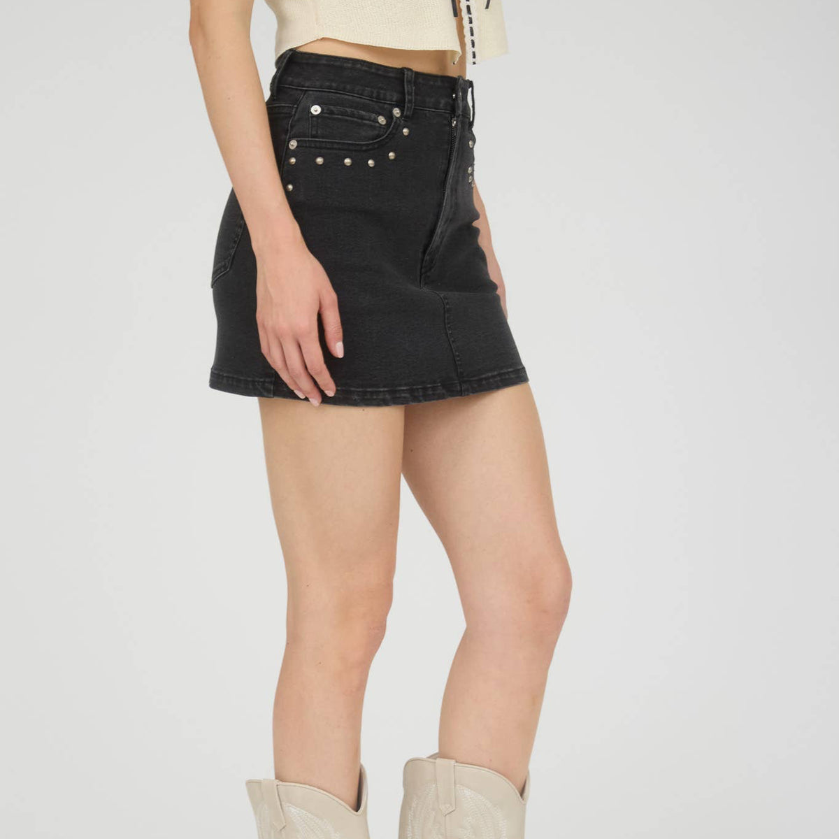 Black Stud Detail Denim Mini Skirt