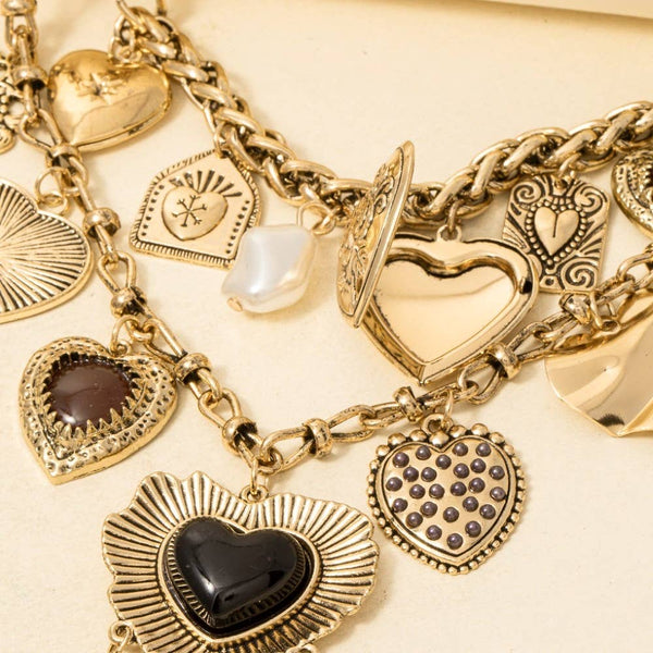 Assorted Pearl And Heart Charms Statement Necklace