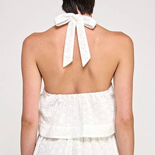Eyelet Cotton Halter Tie-Back Top