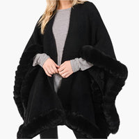 Faux Fur Trim Poncho Cape