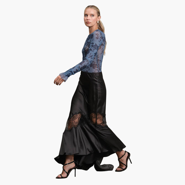 Black Satin Bias Lace Panel Skirt