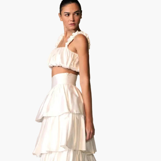 High Waisted Satin Tiered Maxi Skirt