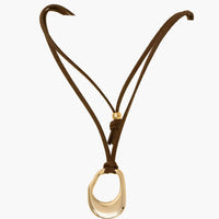 Gold Hammered Oval Suede Brown Cord Necklace