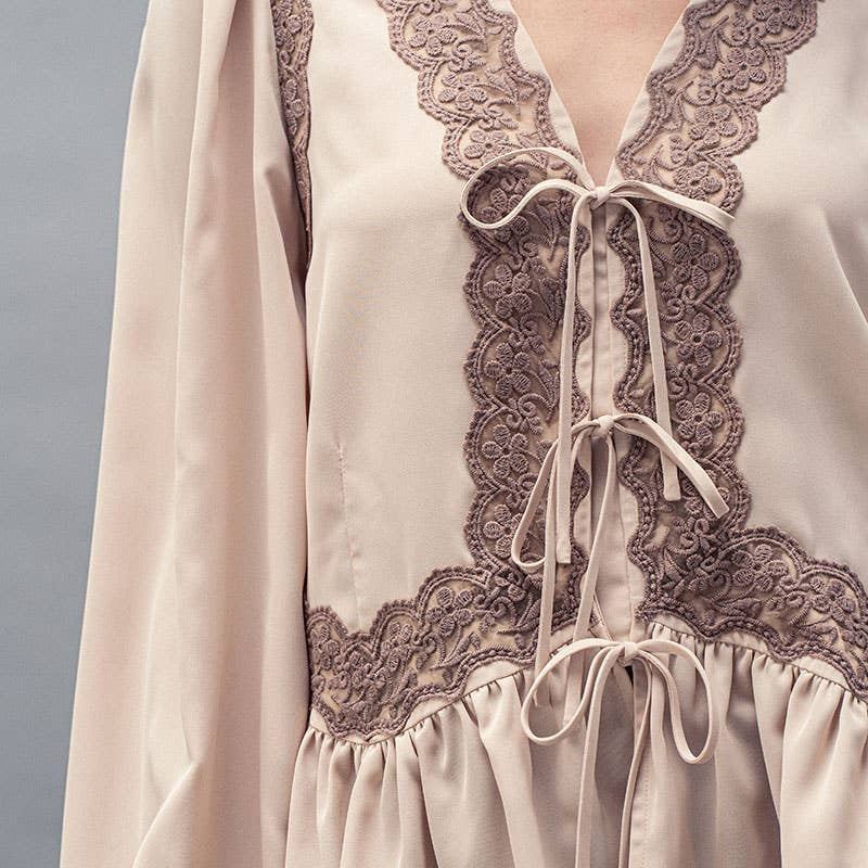 Romantic Lace Trim Tie Front Peplum Blouse