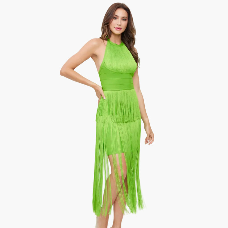 Lime Halter Fringe Dress