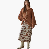 Woven Cow Print Satin Midi Skirt