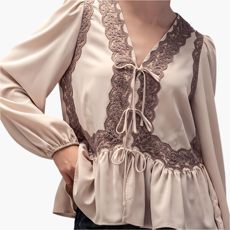 Romantic Lace Trim Tie Front Peplum Blouse