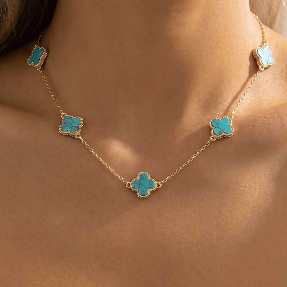 Turquoise Stone Clover Station Necklace