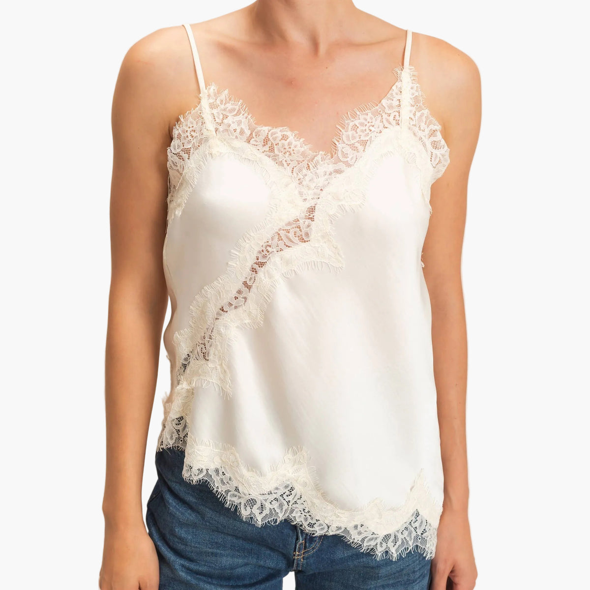 Cream Asymmetrical Satin Lace Top